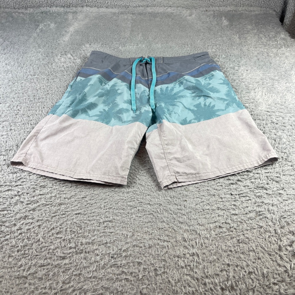 Burnside Mens Board Shorts Size 32 Teal Grey Palm Tree Tropical Swim Trunks